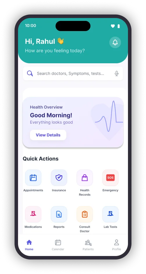 MINSOS Android app showing appointments, medicines and health records