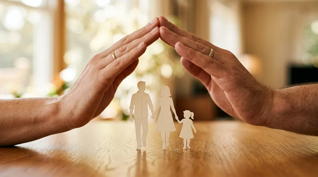 Hands sheltering a paper family, representing nominee protection